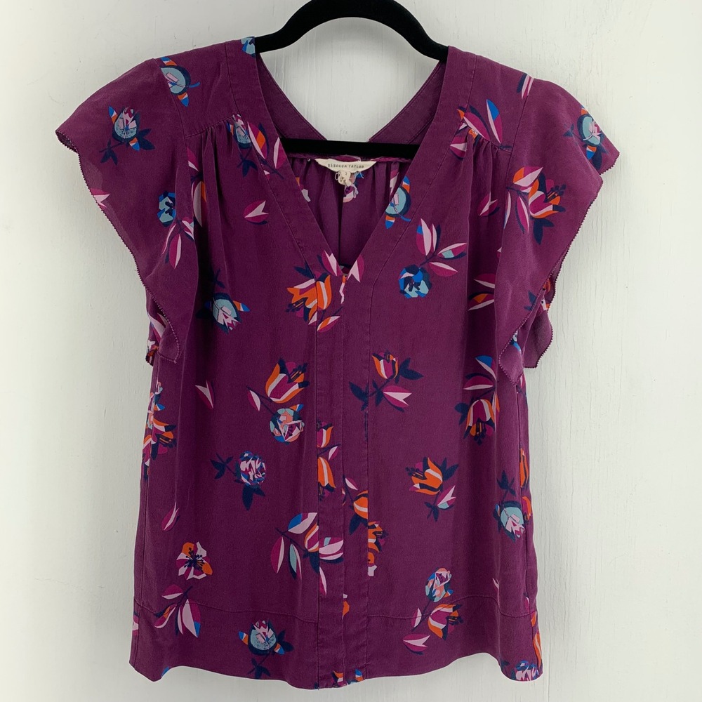 Rebecca Taylor Whimsical Boho Luxury Floral Silk Flutter Sleeve Blouse Sz 2